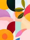 Botanisch schilderij met bladeren en bloem in oranje en teal