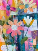 Collage schilderij met crème, roze en oranje bloemen