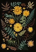 Botanisch schilderij van gele bloemen op zwarte achtergrond