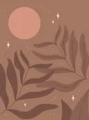 Illustratie van bruine bladertakken tegen een terracotta achtergrond met sterren en een ronde zon