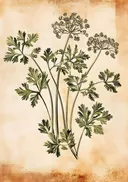 Botanische peterselie bloesem, botanische prent van een schermbloemige plant