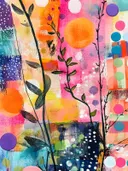 Schilderij met zwarte plantentakken en groene blaadjes tegen roze en oranje achtergrond met gekleurde stippen