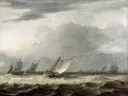 Boten bij harde wind van Allaert van Everdingen: zee met schepen, golven, wind en wolken, in gedempt grijs en beige