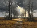 Landschapsschilderij, boulevard met bomen in gebroken licht
