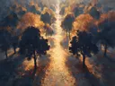 Landschapsschilderij, boulevard met bomen in gouden herfst