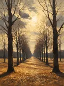 Landschapsschilderij, boulevard met bomen in late herfst