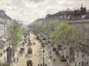 Boulevard Montmartre, Spring van Camille Pissarro: stad met boulevard, koetsen, gebouwen en mensen, in grijsblauw met oker