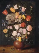 Bouquet of Flowers in an Earthenware Vase van Jan Brueghel the Elder: bloemen met boeket, tulpen, rozen en vaas, in roze en wit op donker