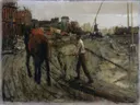 Bouwterrein in Amsterdam van George Hendrik Breitner: stad met bouwterrein, paard, arbeider en zand, in gedempt bruin en grijs