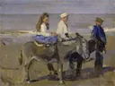 Boy and Girl on Donkeys van Isaac Israels: figuren met kinderen, ezels, strand en zee, in gedempt blauw en zand