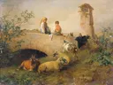 Boy and Girl with Sheep and Goats van Leopold Brunner: dieren met schapen, geiten, kinderen en brug, in zacht groen en oker