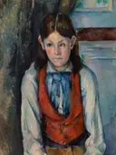 Boy in a Red Vest van Paul Cezanne: portret met jongen, rood vest, blauwe strik en zittend, in rood en blauwgrijs