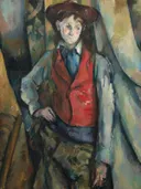 Boy in a Red Waistcoat van Paul Cezanne: portret met jongen, rood vest, hoed en gordijn, in rood en blauwgrijs