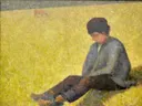 Boy Sitting in a Meadow van Georges Seurat: figuren met jongen, zittend, geel veld en gras, in okergeel en blauw