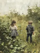 Schilderij van twee kinderen die bramen plukken in het gras