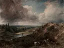Branch Hill Pond, Hampstead van John Constable: landschap met heide, vijver, zandheuvel en wolken, in gedempt bruin en grijs