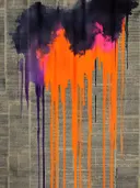 Abstract schilderij met oranje verfdruppels die een skyline vormen onder een donkere wolk op krantenpapier