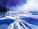 Landschapsschilderij, branding over het zand in de sneeuw