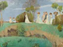 Brautzug im Frühling van Otto Modersohn: figuren met bruidsstoet, bruid, weide en lente, in fris groen met wit