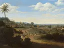 Braziliaans landschap met een huis in aanbouw van Frans Post: landschap met palmen, heuvel, huis en figuren, in warm bruin en groen