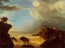 Breach of a Dyke by Storm Surge on March 5 1651 van Jan Asselijn: landschap met dijkdoorbraak, water, rotsen en wolken, in warm bruin en blauw