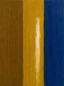 Paletmes abstract schilderij, brede banen in mosterd en kobalt