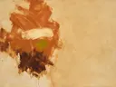 Abstract schilderij, brede halen aan de linkerrand in aarde en klei
