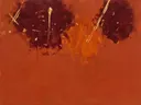 Abstract schilderij, brede halen hoog in beeld in vol terracotta