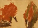 Abstract schilderij, brede halen in twee massa's in aarde en klei