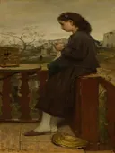 Breistertje op balkon, Montmartre van Jacob Maris: figuren met meisje, breien, balkon en uitzicht, in warm bruin met blauw