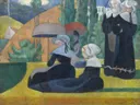 Bretonse vrouwen met paraplu's van Émile Bernard: figuren met vrouwen, huizen en populier