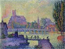 Bridge at Auxerre van Paul Signac: stad met brug, kerk, rivier en bomen, in blauw en violet met geel