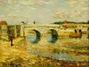 Bridge Over the Stour van Childe Hassam: landschap met brug, rivier, velden en bomen, in goudgeel en groen