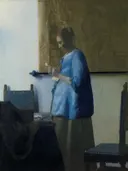 Brieflezend meisje van Johannes Vermeer: figuren met vrouw, brief, landkaart en stoelen, in zacht blauw en beige