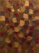Abstract schilderij met het paletmes in brons en karmijn