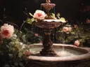 Schilderij van een bronzen fontein met rozen