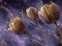 Schilderij van bronzen tulpen tegen een kosmische sterrenhemel.