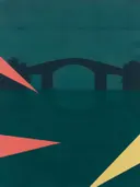 Schilderij van brug in petrol en koraal