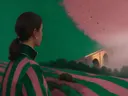 Schilderij van brug in smaragd en oud roze