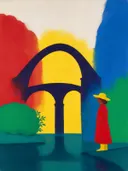 Schilderij van brug in vier heldere kleuren naast elkaar