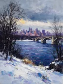Landschapsschilderij, brug over de rivier in de sneeuw