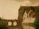 Brug over een rivier van Jan van der Heyden: landschap met brug, rivier, huis en bomen, in warm beige en groen