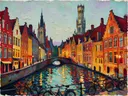Brugge, kade met Belfort in kleurrijk modern, schilderij van Brugge