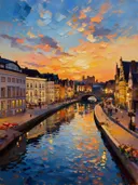 Brugge, Rozenhoedkaai in avondlicht, schilderij van Brugge
