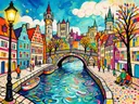 Brugge, Rozenhoedkaai in bonte kleuren, schilderij van Brugge