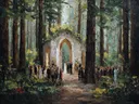 Schilderij van een bruiloftsceremonie onder een stenen boog in het bos