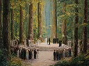 Schilderij van een bruiloftsgezelschap in een cirkelvormige bosopening