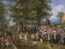 Bruiloftsbanket met de aartshertogen Albrecht en Isabella van Jan Brueghel the Elder: figuren met bruiloft, menigte, feest en bomen, in groen, rood en blauw