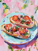 Schilderij van bruschetta met tomaat en eetbare bloemen op een turquoise bord.