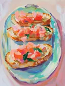 Schilderij van bruschetta met tomaat op een turquoise bord.